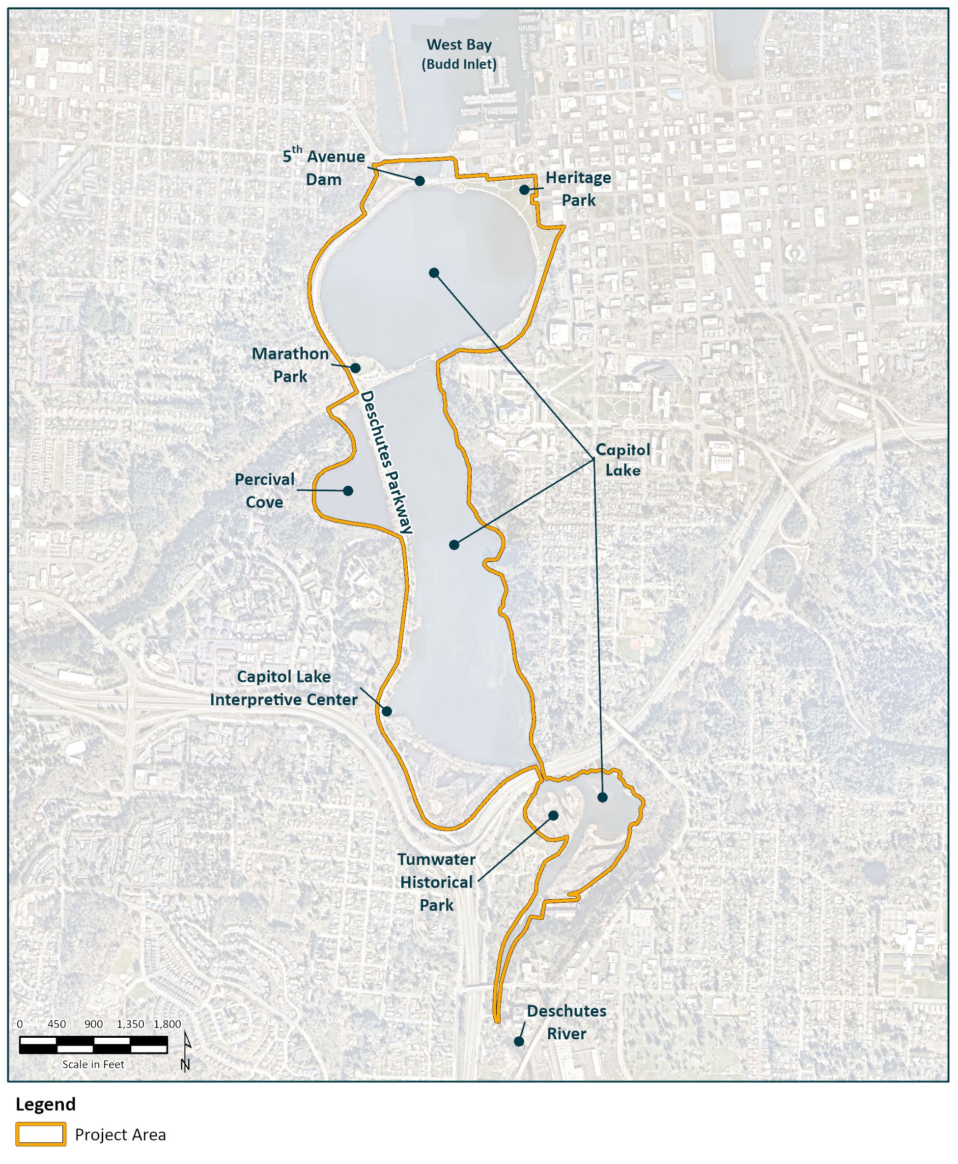 An aerial map of the project area that also shows the difference between Capitol Lake and the Capitol Lake - Deschutes Estuary. Capitol Lake is the waterbody between Tumwater Falls and the 5th Avenue Dam, and the Capitol Lake - Deschutes Estuary extends into Budd Inlet. The project area includes both.
